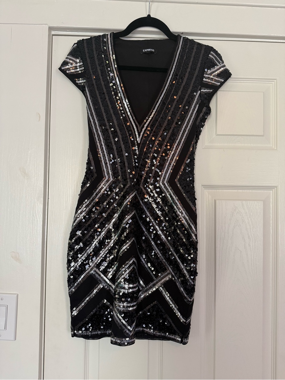Express Black and Silver Sequin V-Neck Mini Dress
